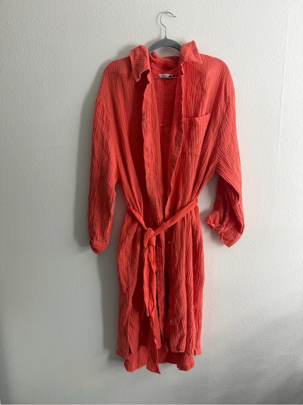 Dalin Women’s Lightweight Coral Button-Front Cotton Shirt Dress with Tie Waist